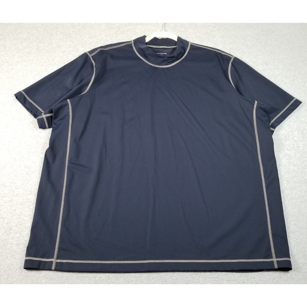 Lands End Swim Shirt Mens XXL Blue Short Sleeve Mock Neck Rash Guard Surf Beach